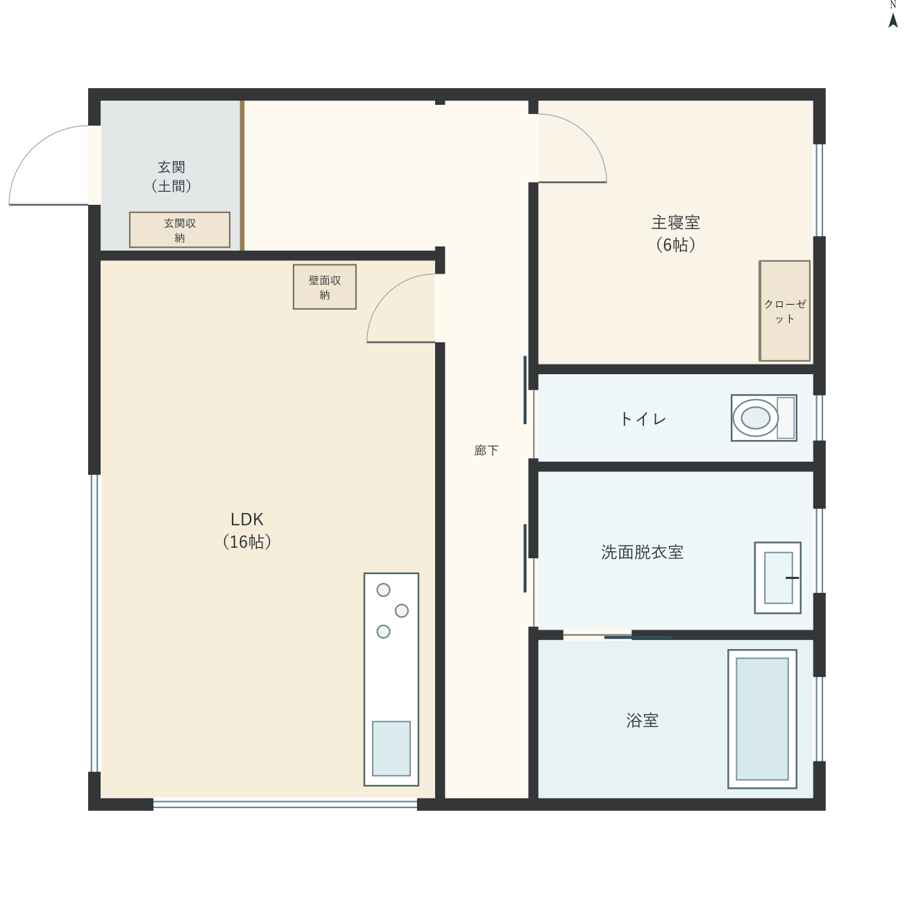 H076：1LDK、西玄関、LDK 16帖の平屋間取り図