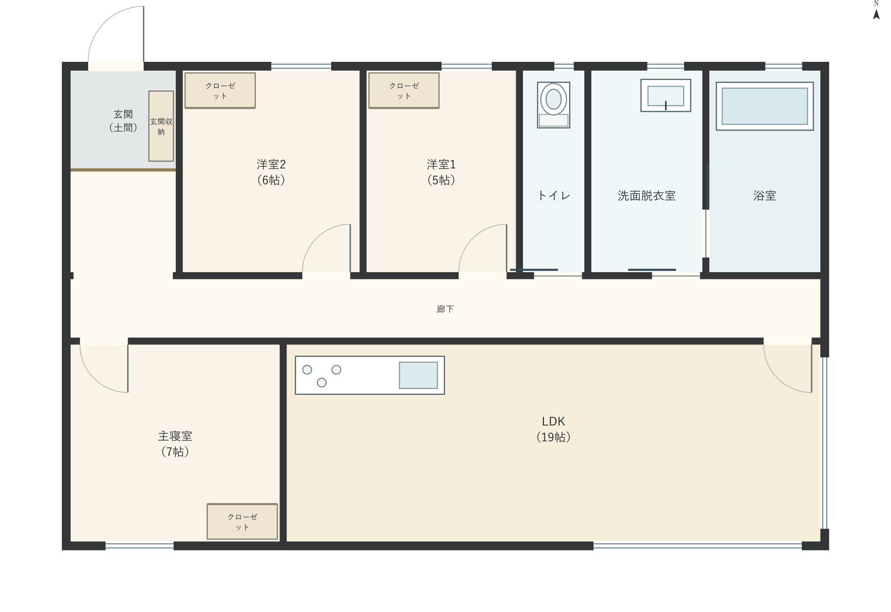 H077：3LDK、北玄関、LDK 19帖の平屋間取り図