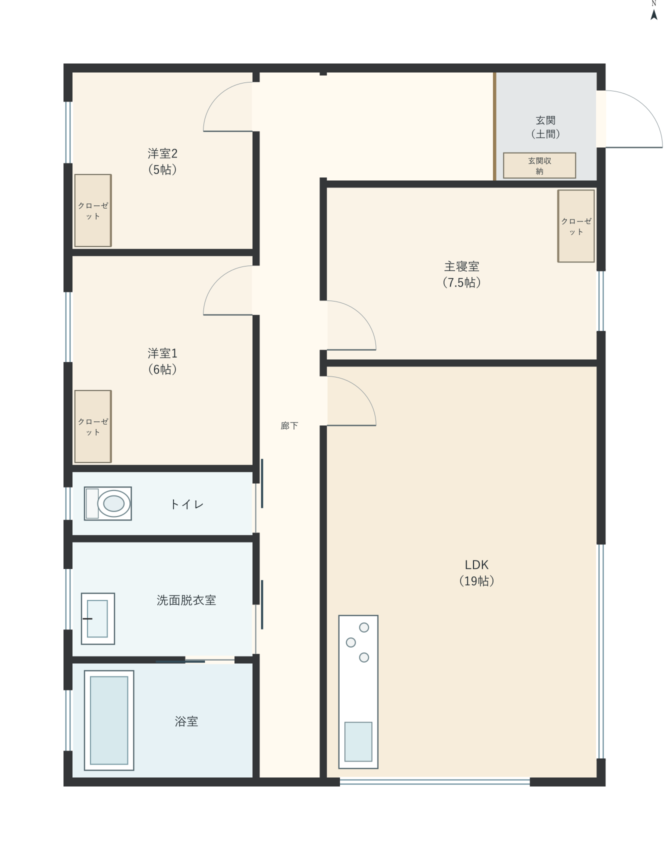 H078：3LDK、東玄関、LDK 19帖の平屋間取り図