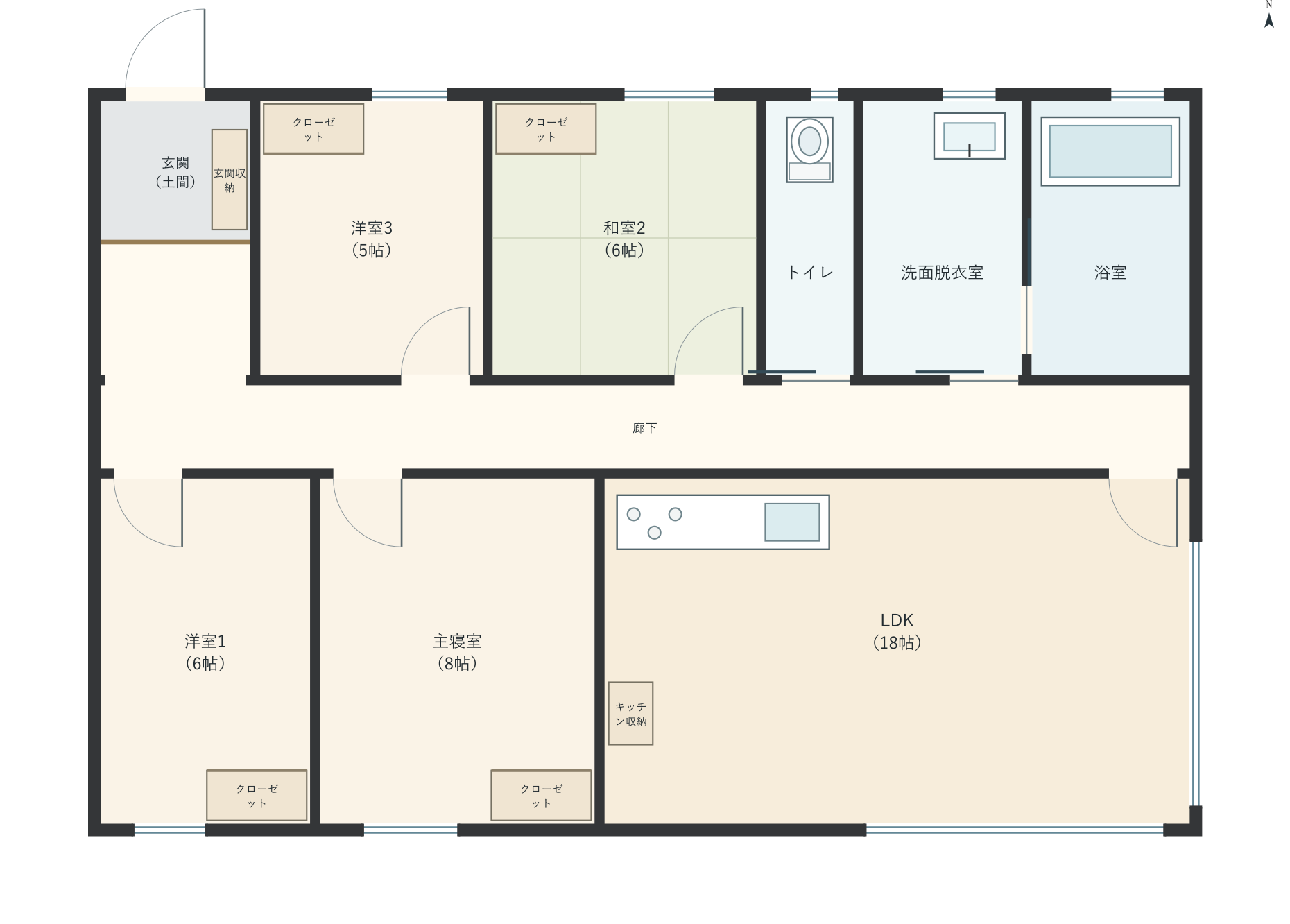 H081：4LDK、北玄関、LDK 18帖の平屋間取り図