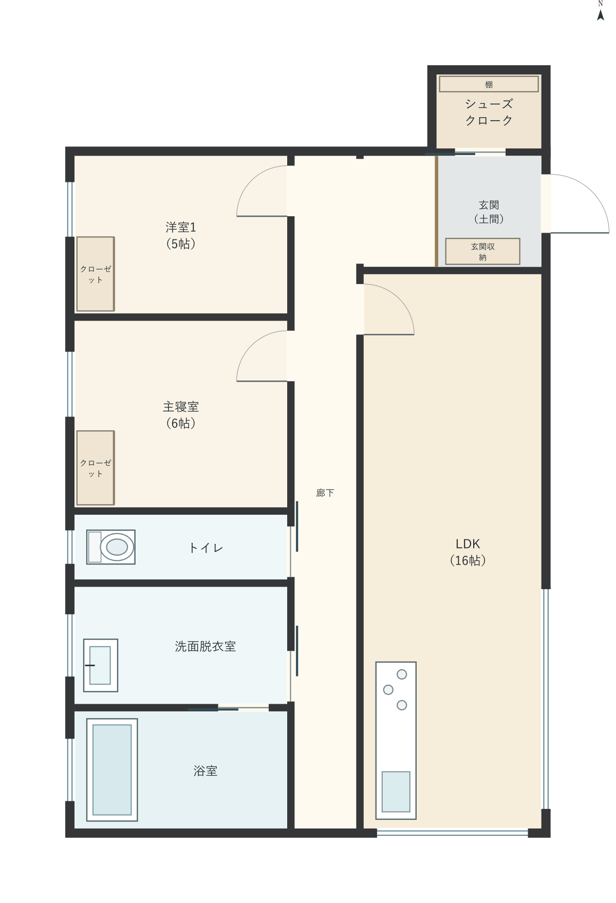 H082：2LDK、東玄関、LDK 16帖の平屋間取り図