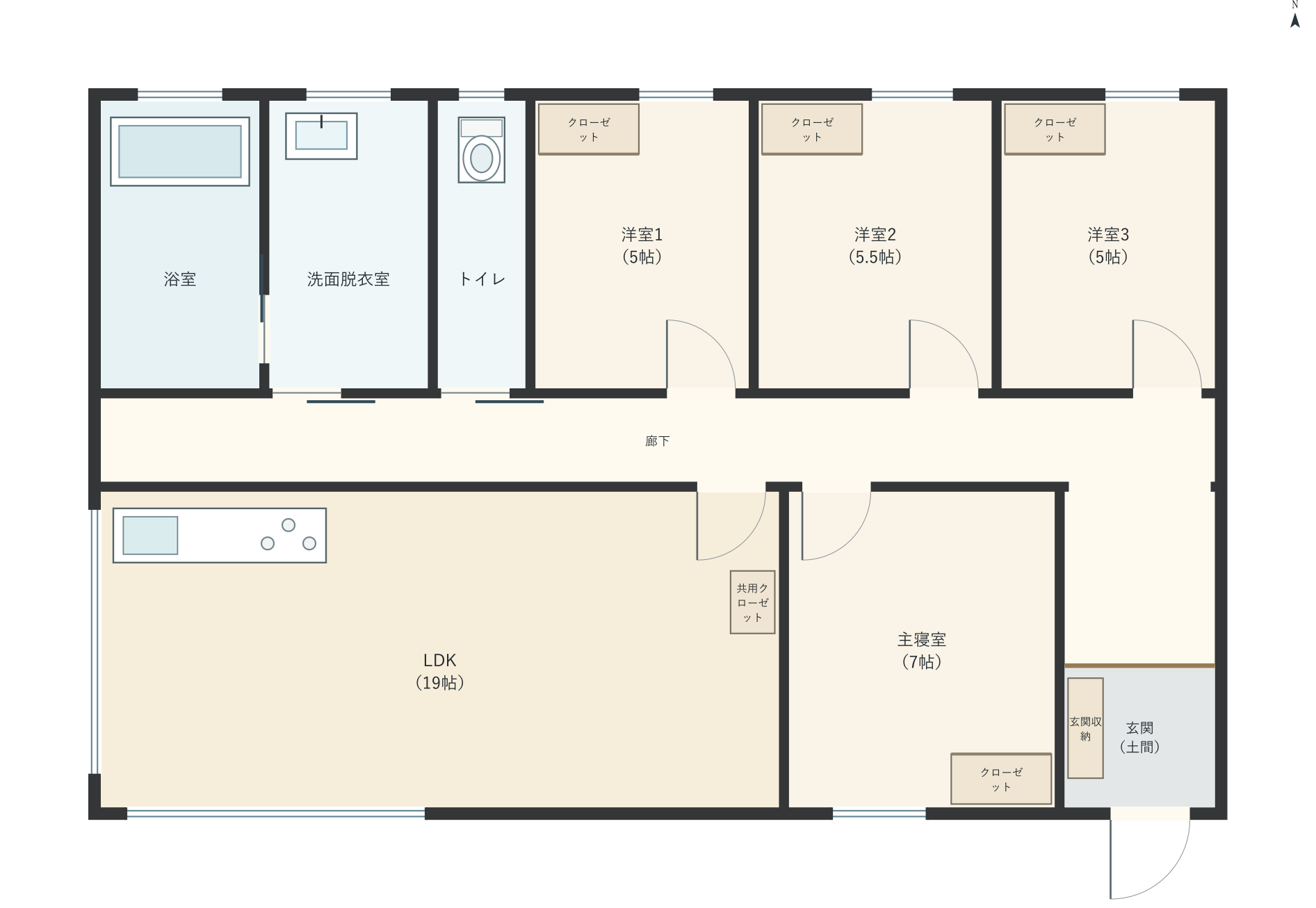 H083：4LDK、南玄関、LDK 19帖の平屋間取り図