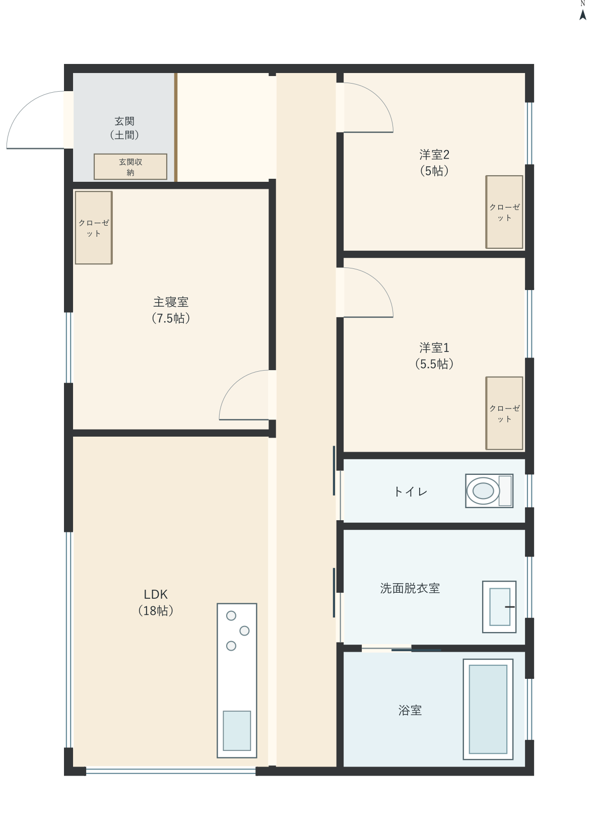 H084：3LDK、西玄関、LDK 18帖の平屋間取り図