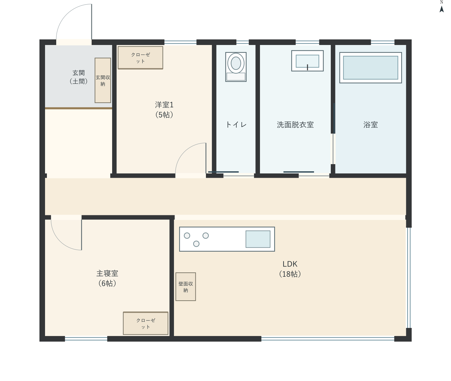 H085：2LDK、北玄関、LDK 18帖の平屋間取り図