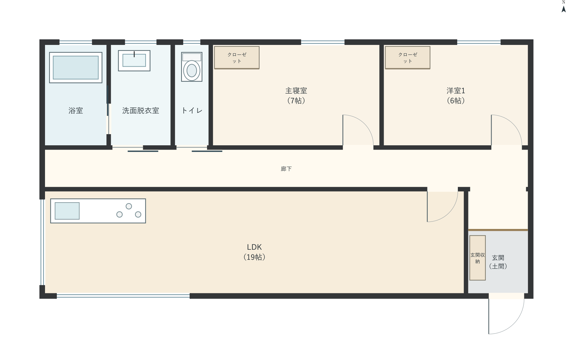 H087：2LDK、南玄関、LDK 19帖の平屋間取り図