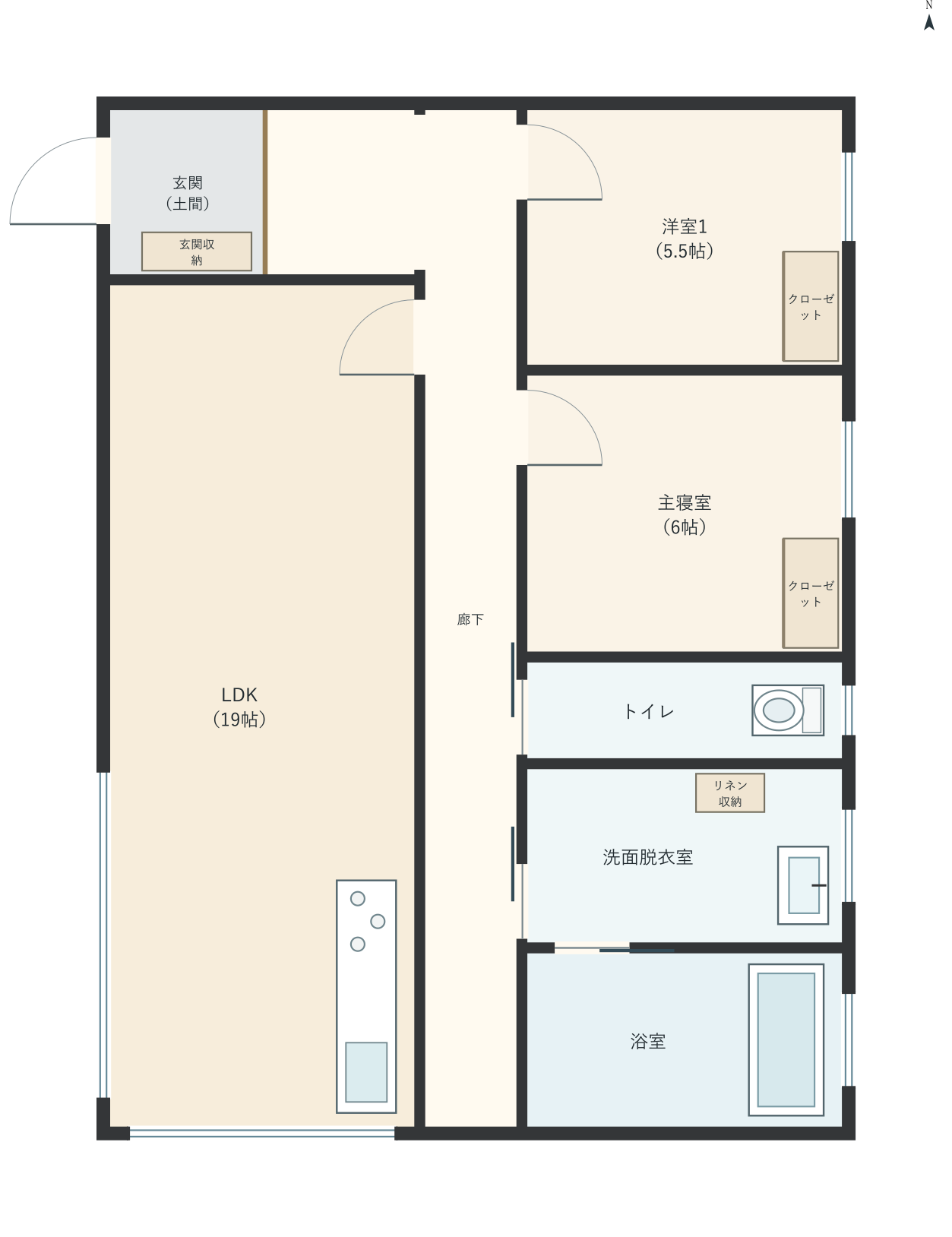 H088：2LDK、西玄関、LDK 19帖の平屋間取り図