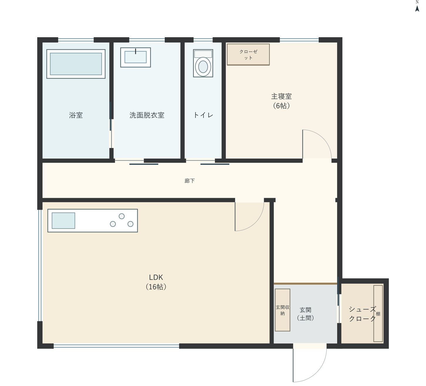 H091：1LDK、南玄関、LDK 16帖の平屋間取り図