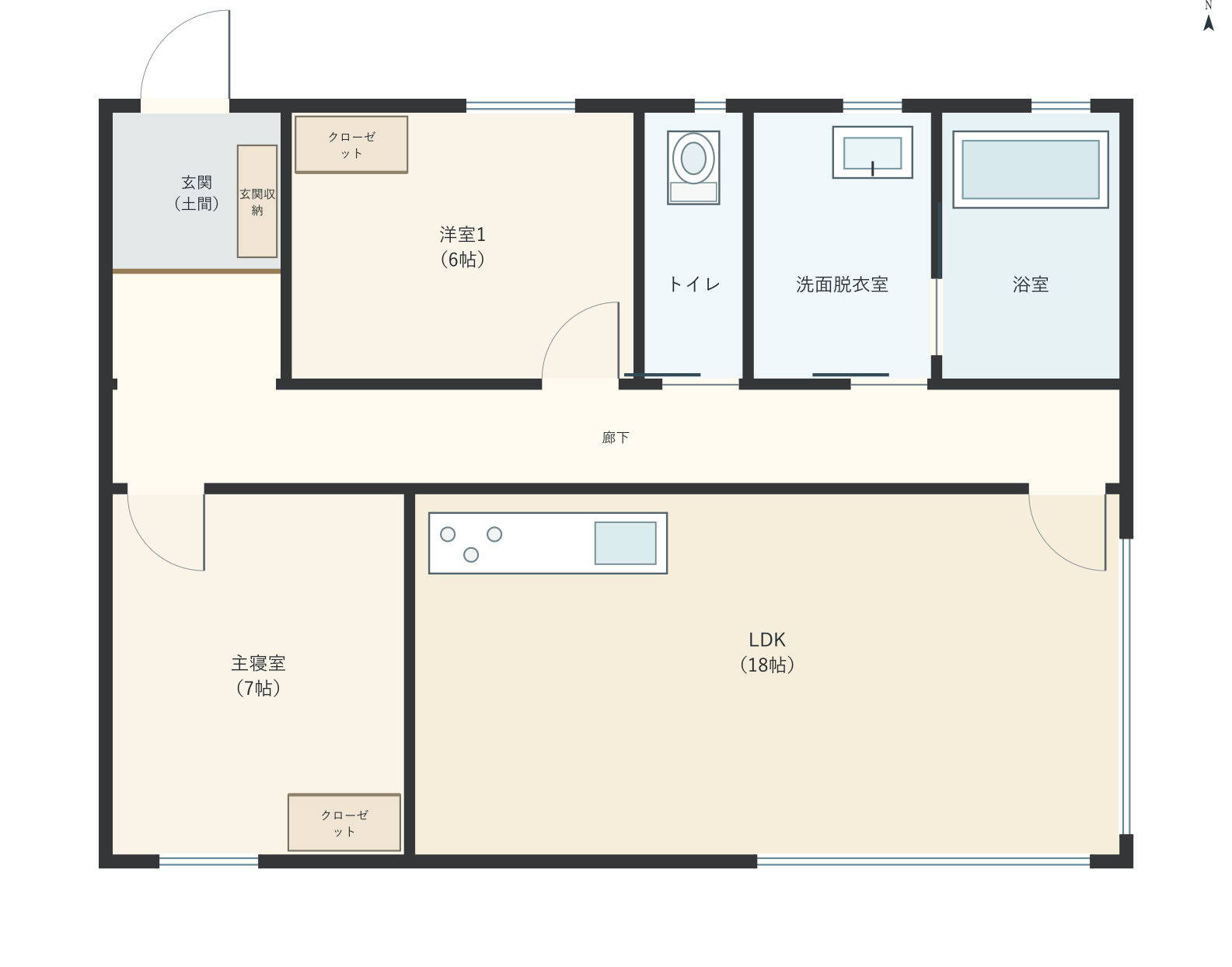 H093：2LDK、北玄関、LDK 18帖の平屋間取り図