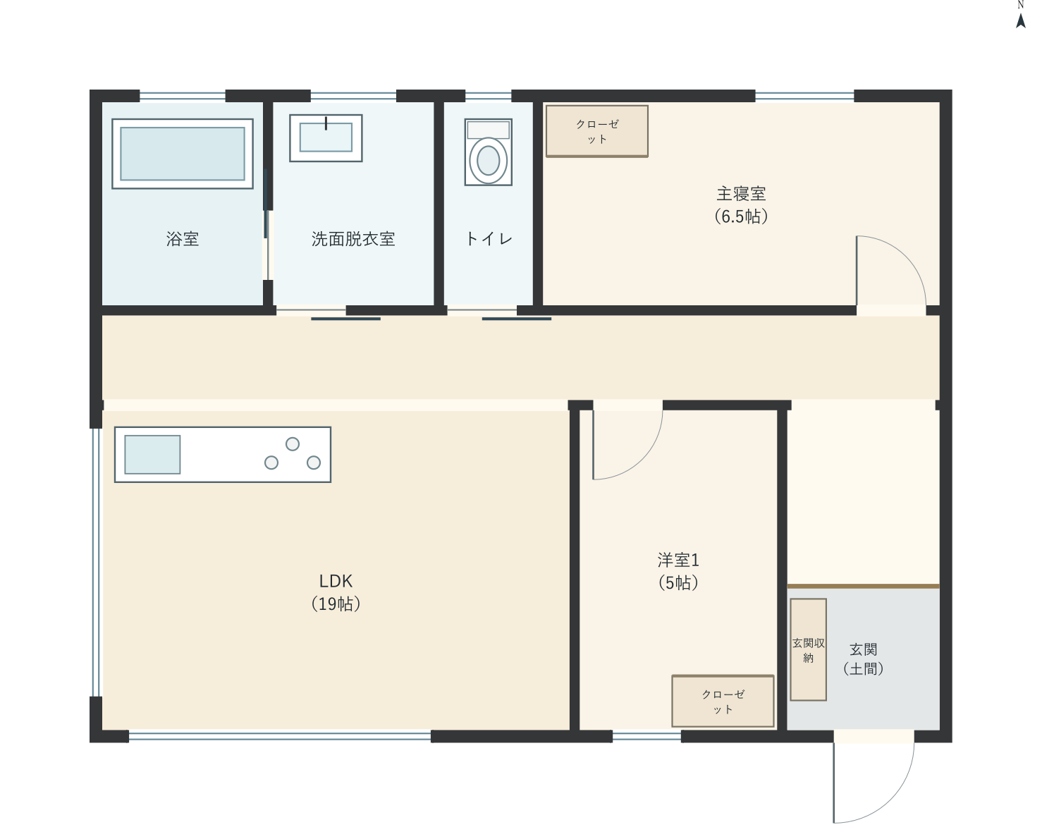 H095：2LDK、南玄関、LDK 19帖の平屋間取り図