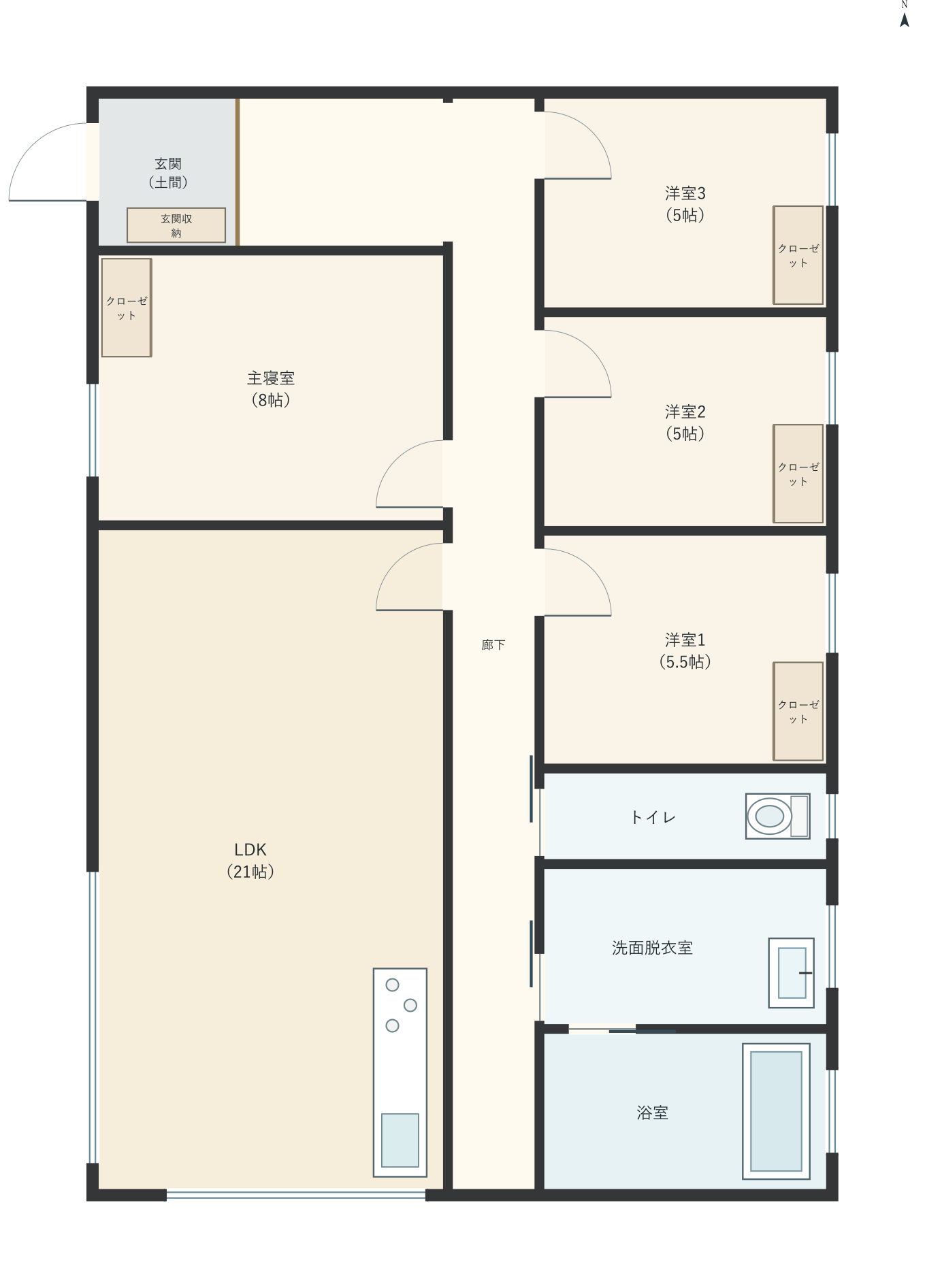 H096：4LDK、西玄関、LDK 21帖の平屋間取り図