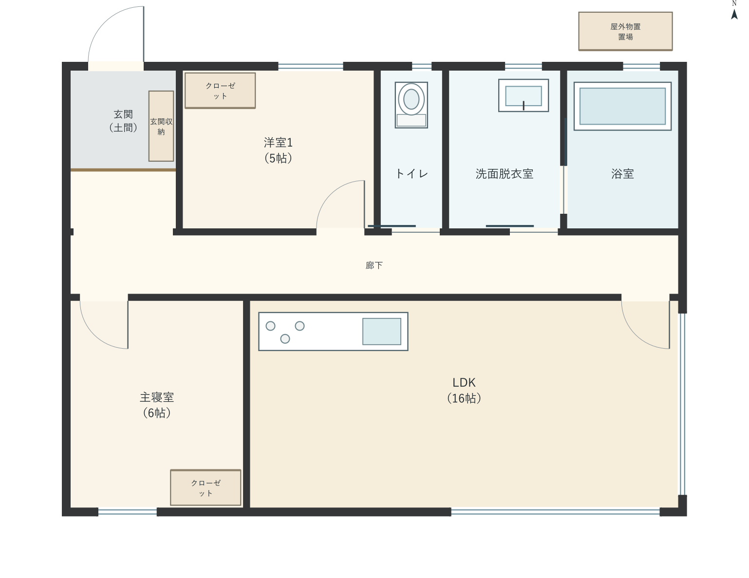 H097：2LDK、北玄関、LDK 16帖の平屋間取り図