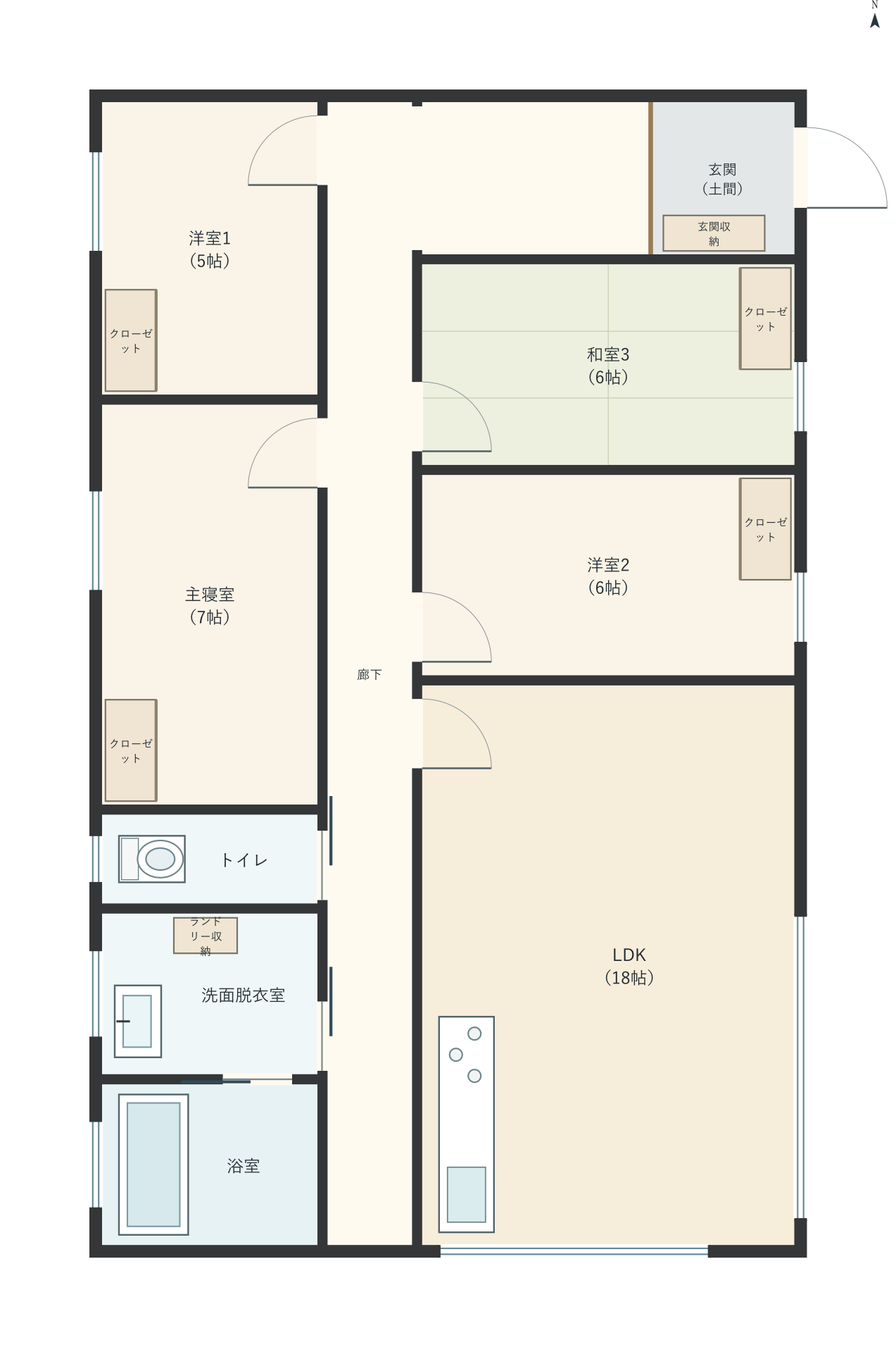 H098：4LDK、東玄関、LDK 18帖の平屋間取り図