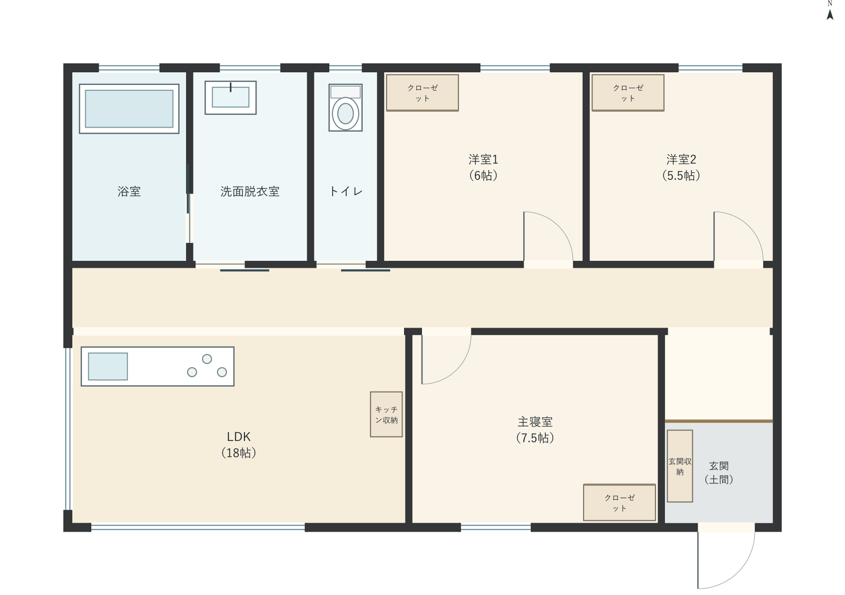 H099：3LDK、南玄関、LDK 18帖の平屋間取り図