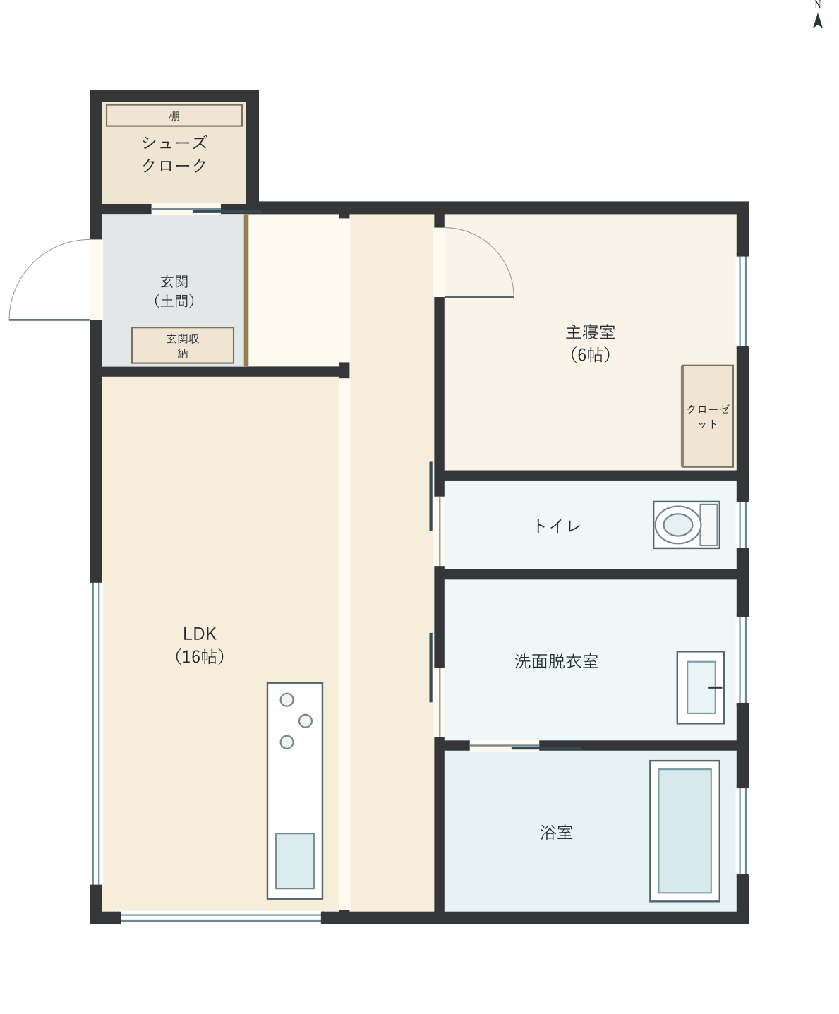 H100：1LDK、西玄関、LDK 16帖の平屋間取り図